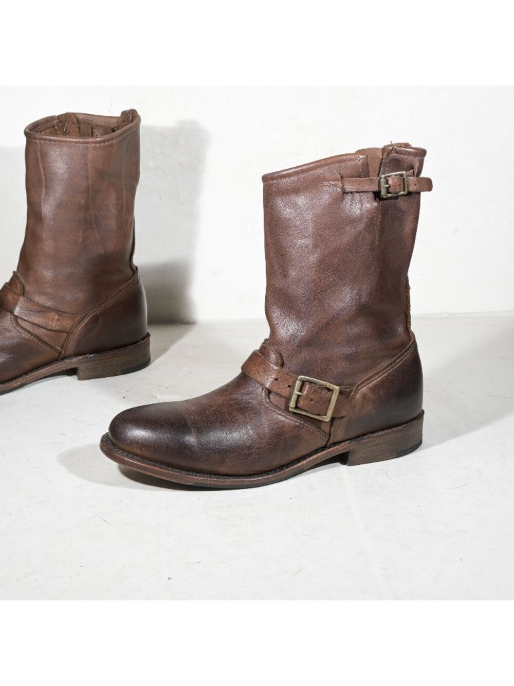 Vintage Brown Leather Biker Engineer Boots Double Buckle Moto Made in USA 8